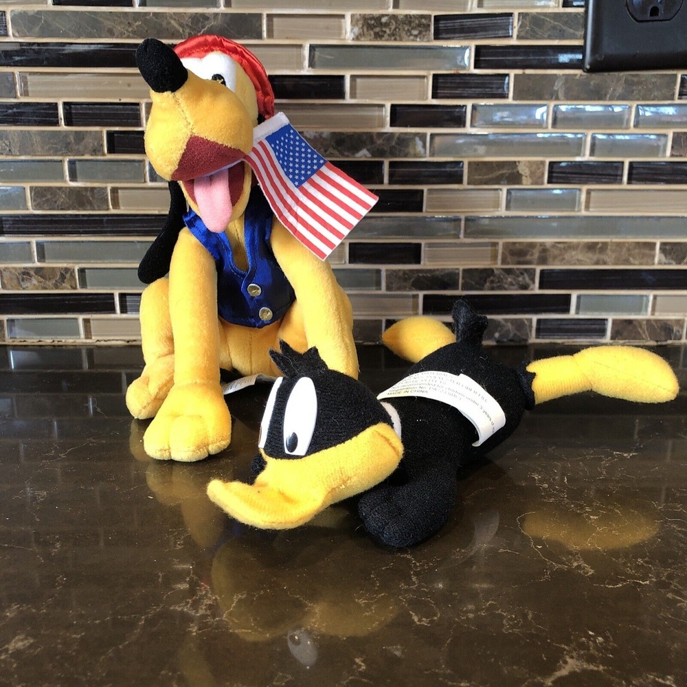 Disney Store Patriotic Uncle Sam Pluto Beanie Plush Toy 4th Of July & Daffy Duck